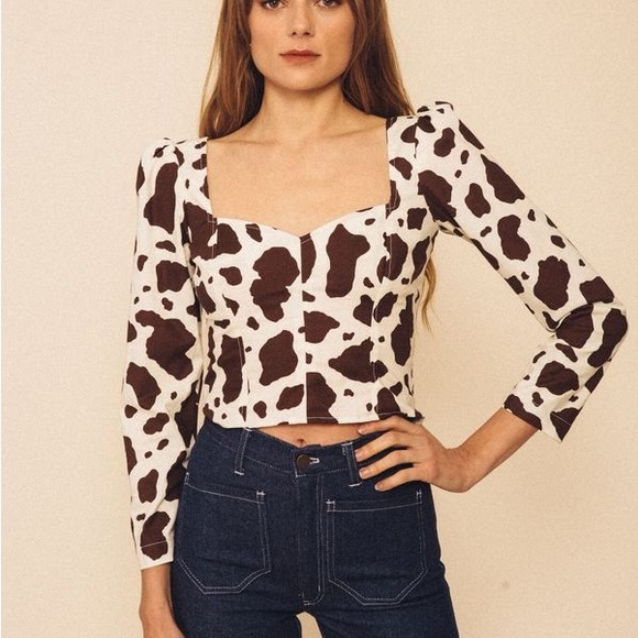 Lykke Wullf Tops - Luke Wullf Georgia Cow Print Sweetheart Neck Puff Long Sleeve Western Rodeo Top